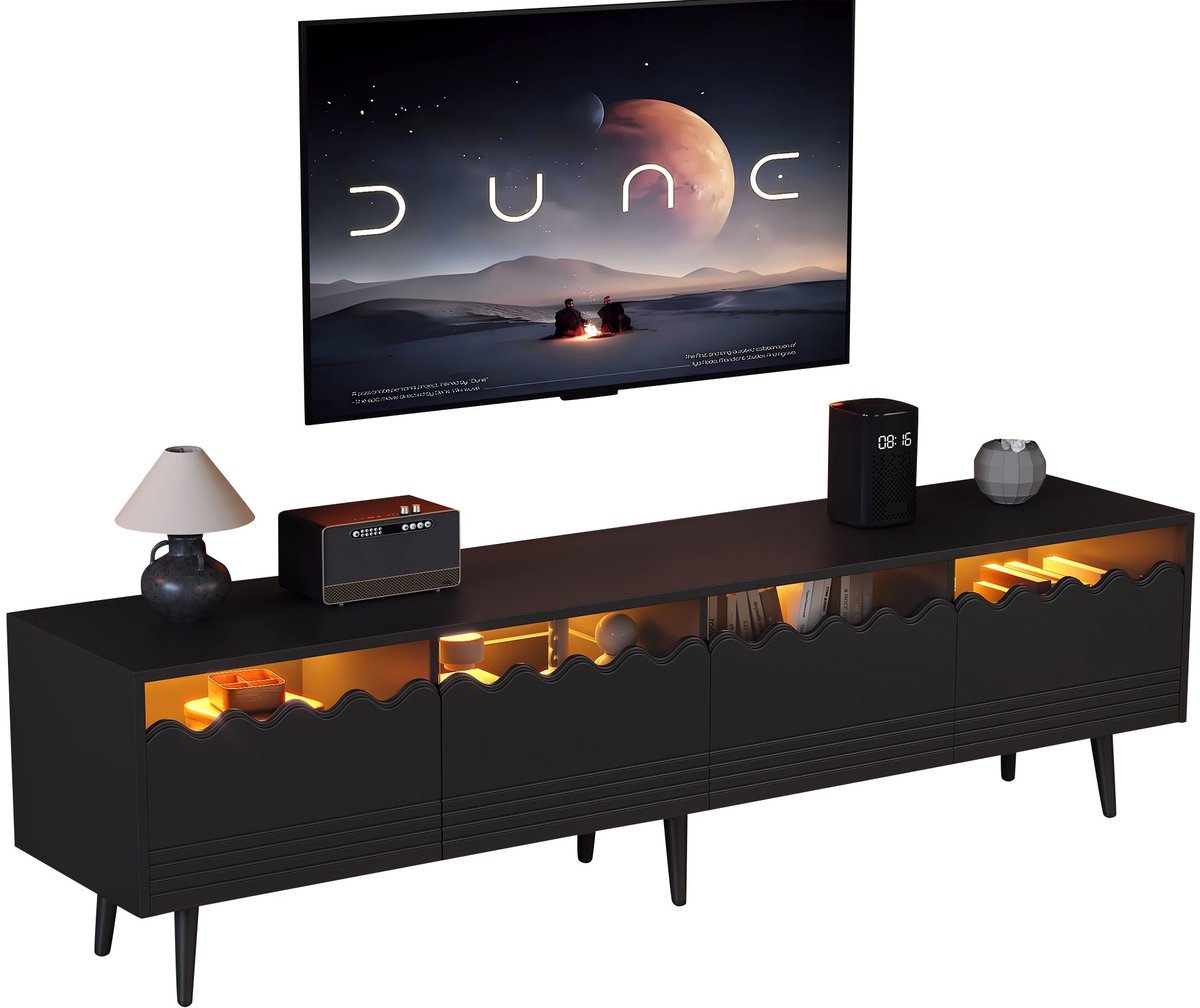 Merax TV-Meubel 176x38x45 Cm - Zwart Lowboard Met LED Verlichting - TV-Kast Met 2 Schublad