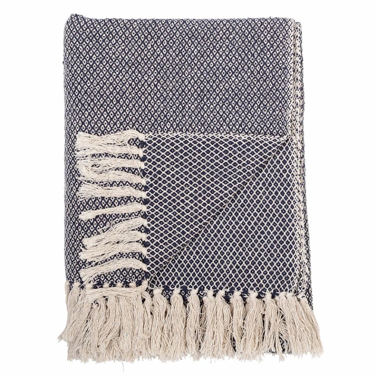 Bloomingville - Throw franjes - Katoen - Blauw/Off White - 160x130 cm