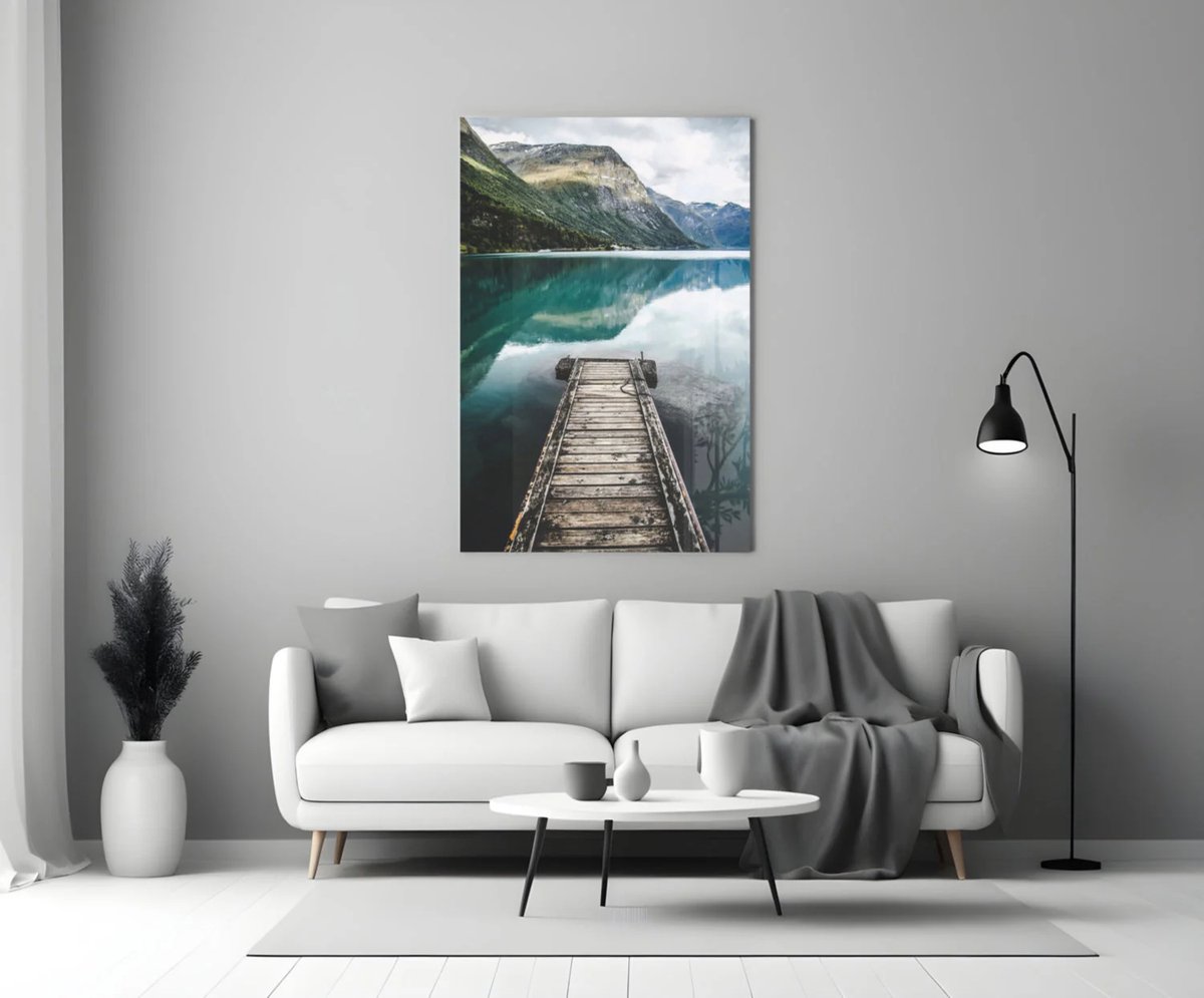 Glasschilderij - Steiger aan het Meer - Landschappen - Natuur - Wanddecoratie - 140x90 cm
