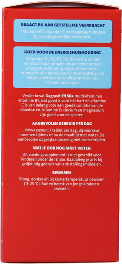 Verpakking met informatie: Dagravit Fit 50+ multivitaminen, goed voor geestelijke veerkracht en energiehuishouding.