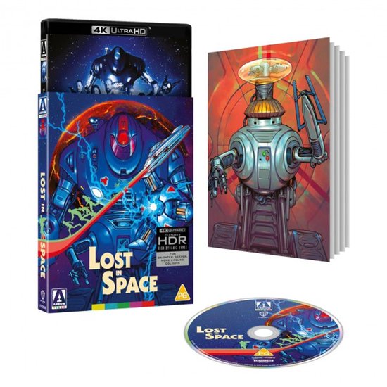 Lost in Space 4K UHD Blu-ray set met artwork van een robot en een disc. De verpakking toont een blauwe robot die vuurt.