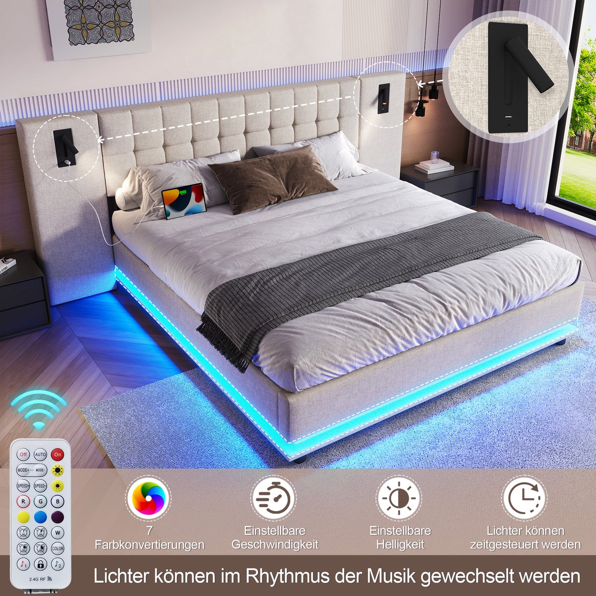 Merax Gestoffeerd bed 180x200 cm - met LED-verlichting - met gestippeld hoofdeinde - met USB - zonder matras - beige