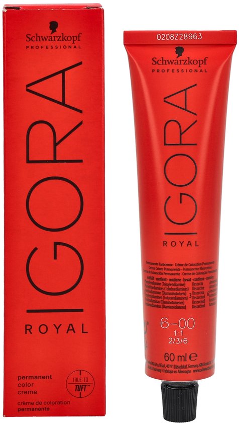 Rode kartonnen verpakking en tube IGORA ROYAL haarverf, 6-00, met productdetails.