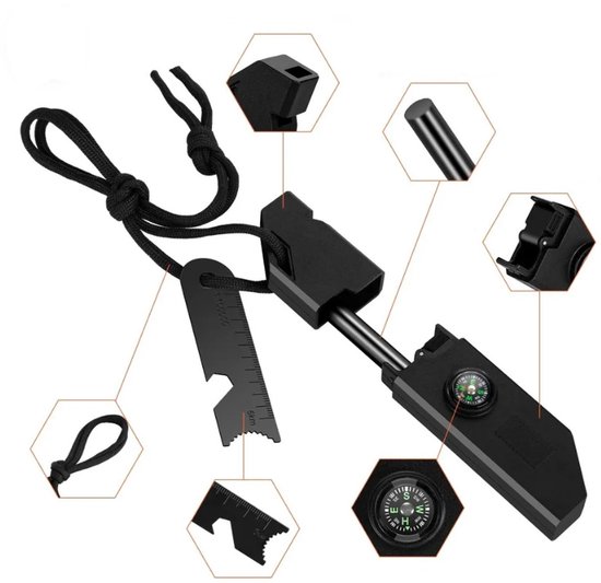 Jumada's - Zwarte Multitool - Vuursteen en strijker - Vuurstarter - Magnesium stick - Vaderdag cadeau - Survival kit - Noodpakket - 6-in-1 survival tool - Kompas - Noodfluit - Opbergvakje - Opmeetstuk - Flessen opener