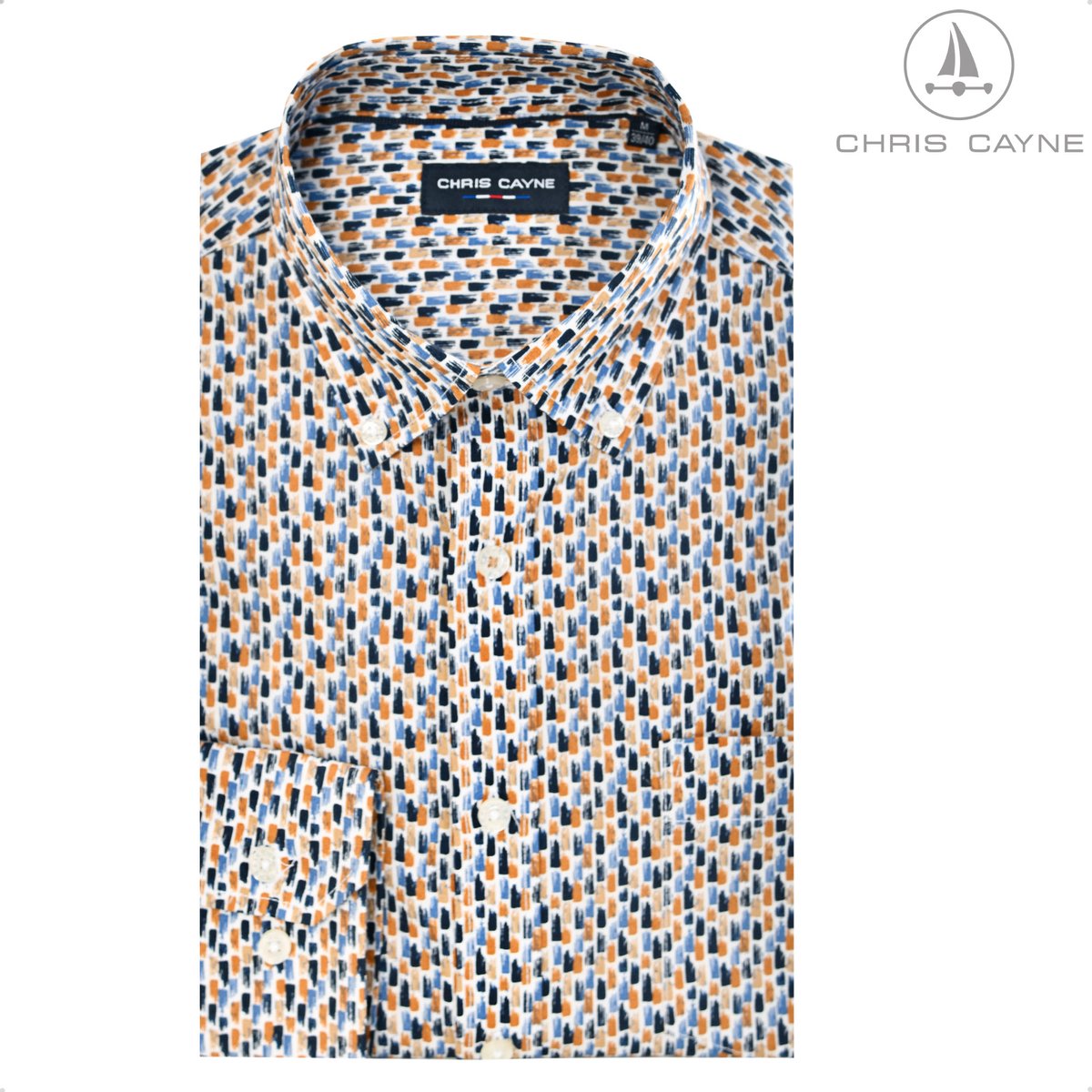 Chris Cayne overhemd lange mouw - 3XL - blauw/oker - print - borstzak