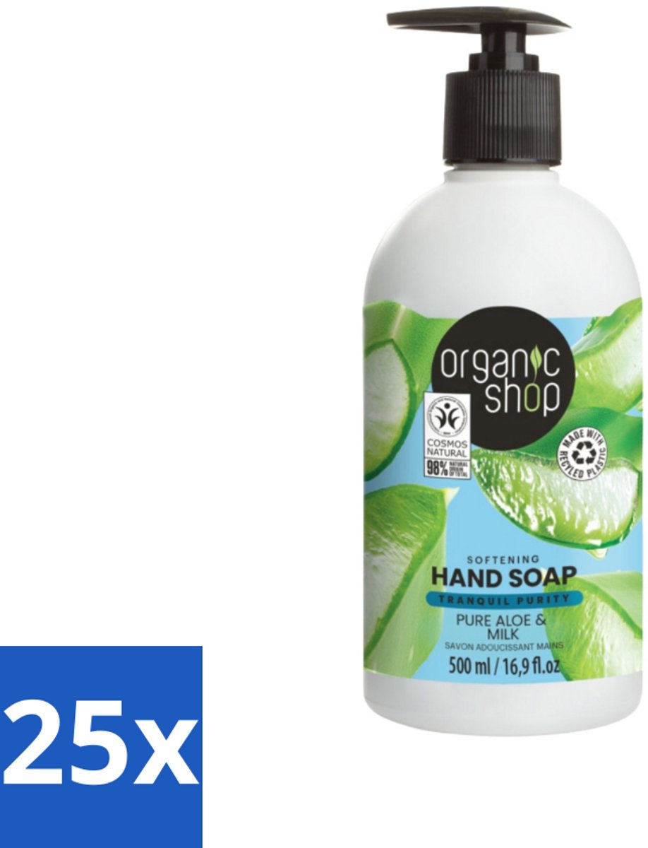25 x Organic Shop - Handzeep Aloe & Milk - Verzachtend en Hydraterend - 500 ml - Handzeep - Aloe Vera - Melkproteïnen - Natuurlijke Handzeep - Hydraterende Handzeep