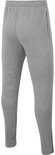 Achterkant grijze joggingbroek van Nike met zwarte swoosh en ritsen bij de enkels.