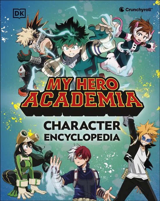 Manga-personages Izuku, Katsuki, Ochaco, Tsuyu, Shoto en Denki in actieve poses op de omslag van "My Hero Academia Character Encyclopedia".