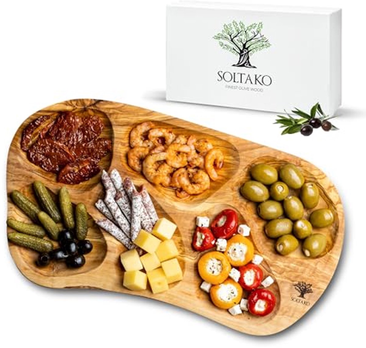 Grote rustieke snackschaal van olijfhout - Dipschaal en Tapasbord voor hapjes