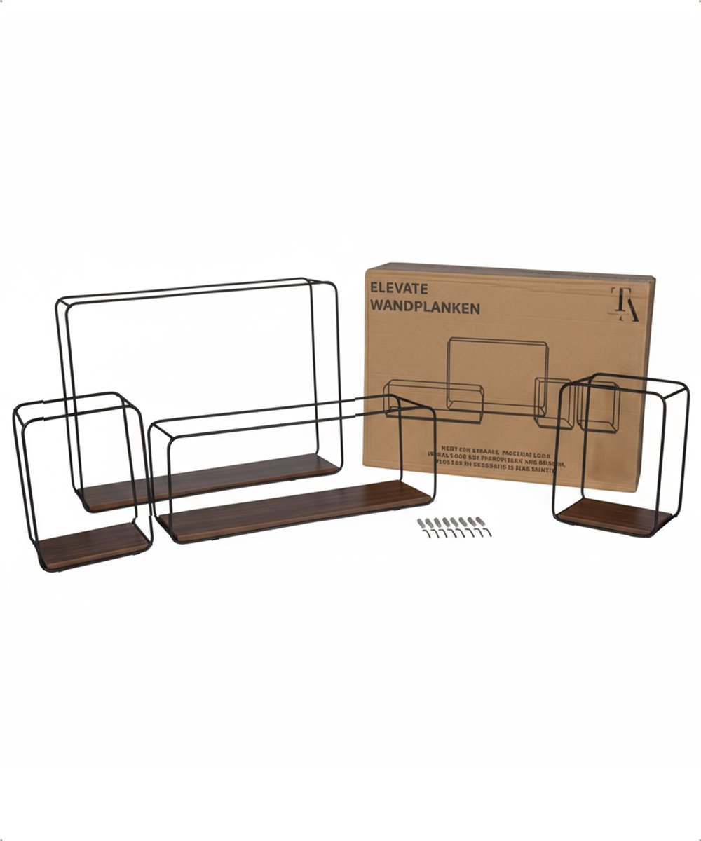 TrueLogic Alpha Wandrek - Set van 4 - Decoratieve Wandplanken - Wandplank - Elevate Wandrekken - Inclusief Schroeven en Pluggen - Donker Walnoot