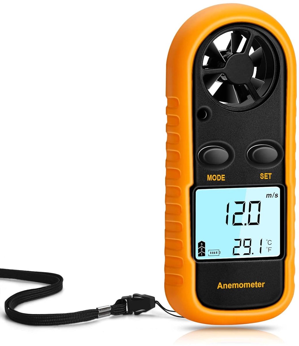 OIMG Anemometer - Windmeter Digitaal - Tot 30 M/S - 0 Tot 90km/H - Draagbare Anemometer - Digitale wind Snelheidsmete - Anemometer - Windsnelheidsmeter - Lucht snelheidsmeter - Draagbare Anemometer Voor Buiten, Drones, Jacht En Visserij - Geel