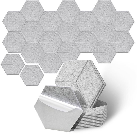 18 stuks Akoestische panelen Hexagon Zelfklevend Geluidsisolatie Vilt Wandpaneel lichtgrijs