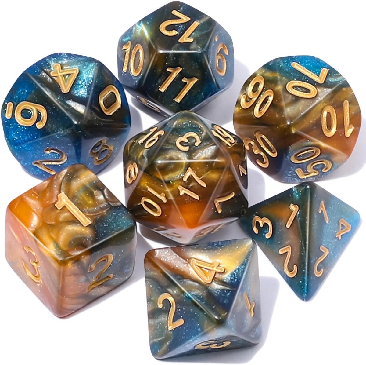 Dobbelstenen Set 7-delig – Blauw Goud D20 D12 D10 D8 D6 D4 – Voor RPG & Tafelspellen