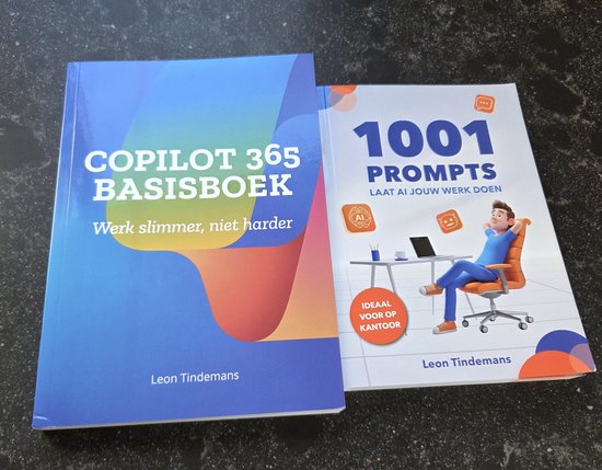 Deux livres : "COPILOT 365 BASISBOEK" et "1001 PROMPTS". Un homme est assis à un bureau avec un ordinateur portable, avec le texte "LAISSEZ L'IA FAIRE VOTRE TRAVAIL" et "IDÉAL POUR LE BUREAU".