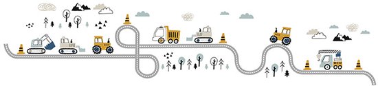 Sticker mural représentant une route sinueuse avec divers véhicules de construction, arbres, nuages et montagnes.