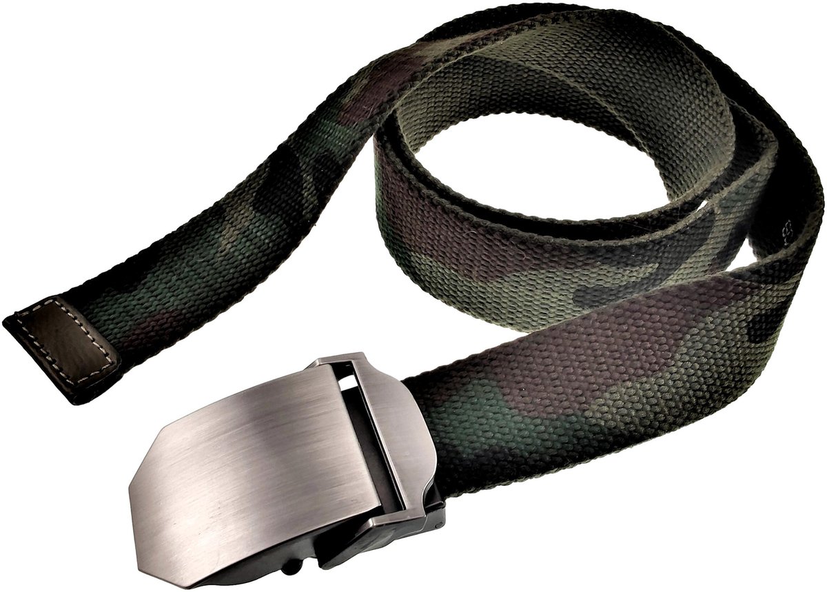 Canvas Riem Heren, Vierkante Metalen Gesp, Camouflagelook - 4cm Breed - Taillemaaten tot 110 cm