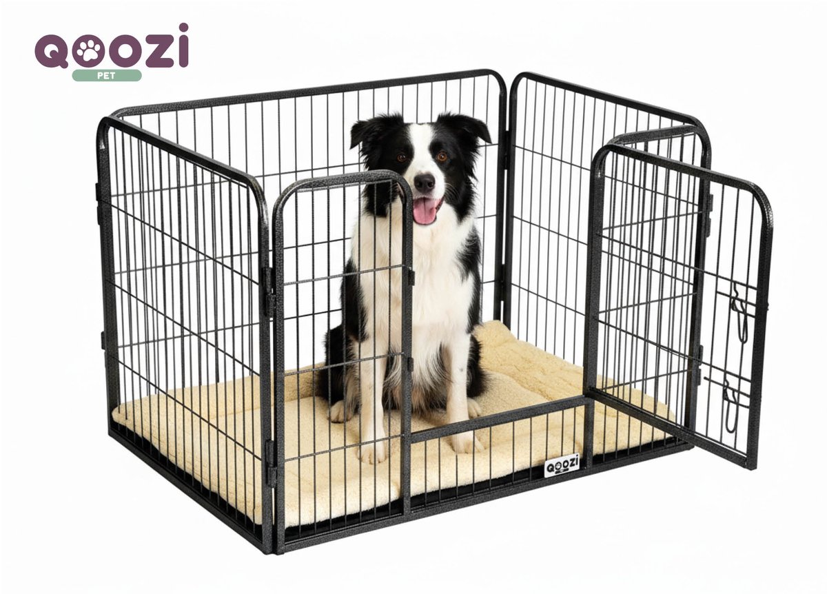 Qoozi Pet Hondenbench / Hondenren met 4 Panelen – 109x73x71 cm – Met 1 Deur & Inclusief Hondenkussen – Stevig 15 mm Stalen Frame – Opvouwbaar, Veilig & Comfortabel – QZ1121541