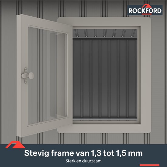 Rockford Porto 400 metalen tuinhuis met lessenaarsdak - Tuinschuur met centraal slot, polycarbonaat ramen en regenpijpen - 296 x 318 cm - Grijs