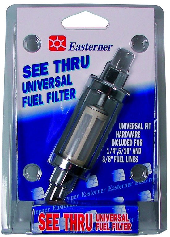 Easterner universeel, doorzichtig brandstoffilter in verpakking met de tekst 'SEE THRU UNIVERSAL FUEL FILTER'.
