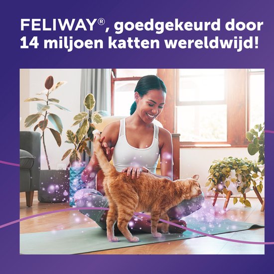 Een vrouw met een oranje kat op een yogamat in een woonkamer, met paarse glitter effecten.