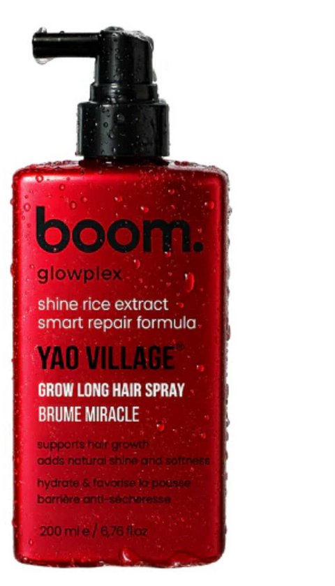 Foto: Boom glowplex yao village spray haargroei versterkende spray met gefermenteerde yao rijst lijnzaad kokosolie ter bevordering van haargroei ter voorkoming van haaruitval versterkend glansgevend 200 ml