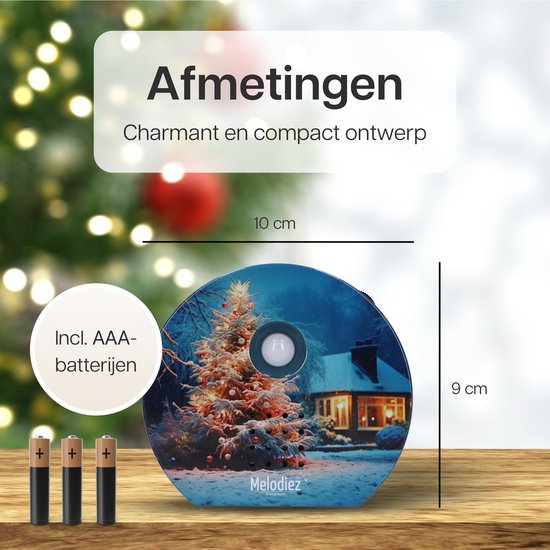 Kerstgeluiden huisje in de sneeuw, 10 cm breed en 9 cm hoog, met batterijen.
