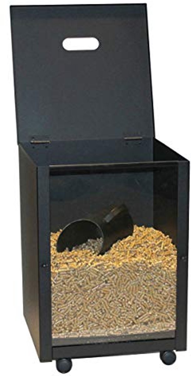 Pelletbak met Voorruit en Wieltjes - Zwart Gecoat, Houten Mand 39 x 52 x 39 cm