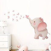 Éléphant gris clair avec des fleurs roses dans ses cheveux et des ailes roses, souffle sur un papillon rose, avec un essaim de papillons roses.