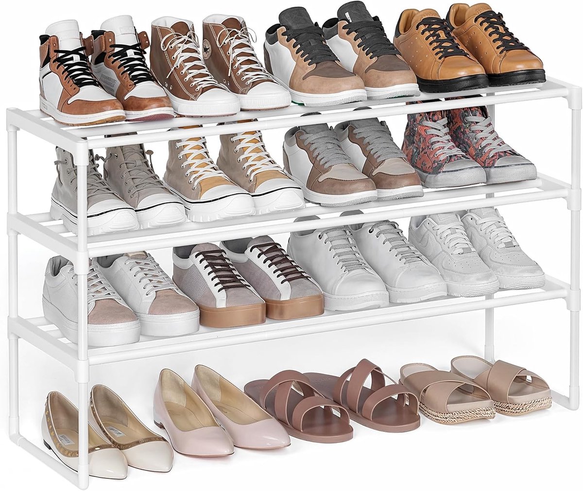 SONGMICS Schoenenrek met 3 Lagen, Schoenenorganizer, Metalen Opbergrek, Staand of Omgekeerd te Gebruiken, Geschikt voor 16 tot 20 Paar, Stapelbaar, Voor Hal of Slaapkamer, 30 x 92 x 55 cm, Parelwit LSA303W03