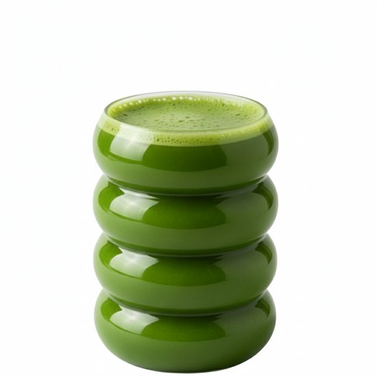 Een groen drankje met een schuimlaagje in een doorzichtig, golvend glas.