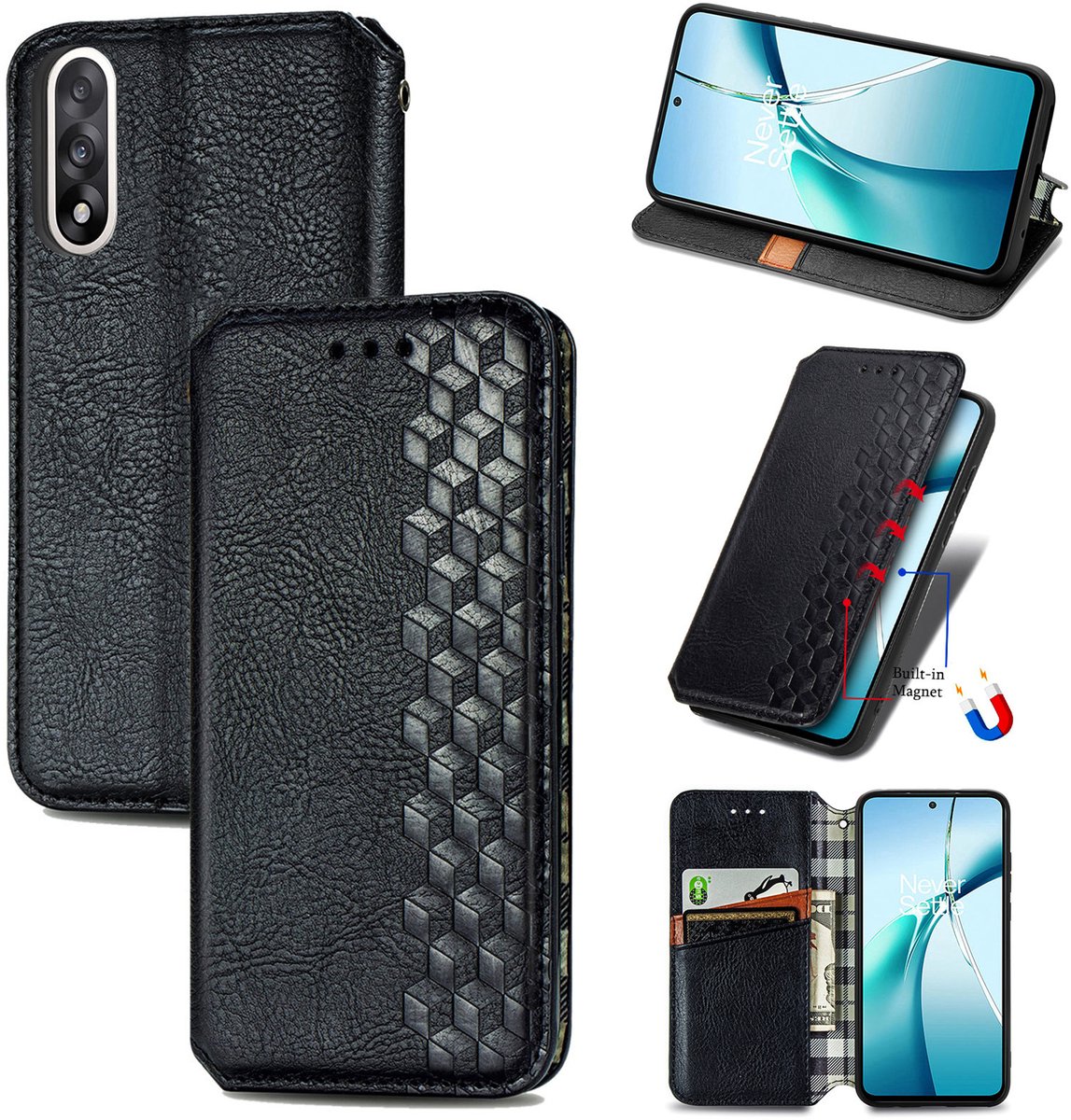 Luxe PU Lederen Ruitpatroon Wallet Case voor OnePlus Nord 5 _ Zwart