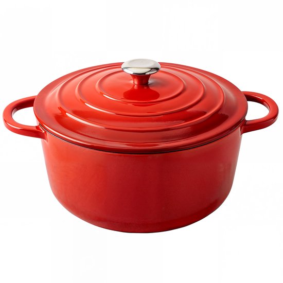 Aviro Gietijzeren Braadpan - Ø26CM - 5L - Alle Warmtebronnen Incl. Inductie - Stoofpot - PFAS-vrij - Met Deksel - Rood