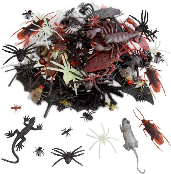 150 Pieces Zwarte Plastic Spinnen - Bugs Halloween Prank Toys - Realistische Nep Insecten Ratten Vleermuizen Kakkerlakken Hagedissen Duizendpoten Vliegen voor Kinderen Halloween Feestdecoraties Favors