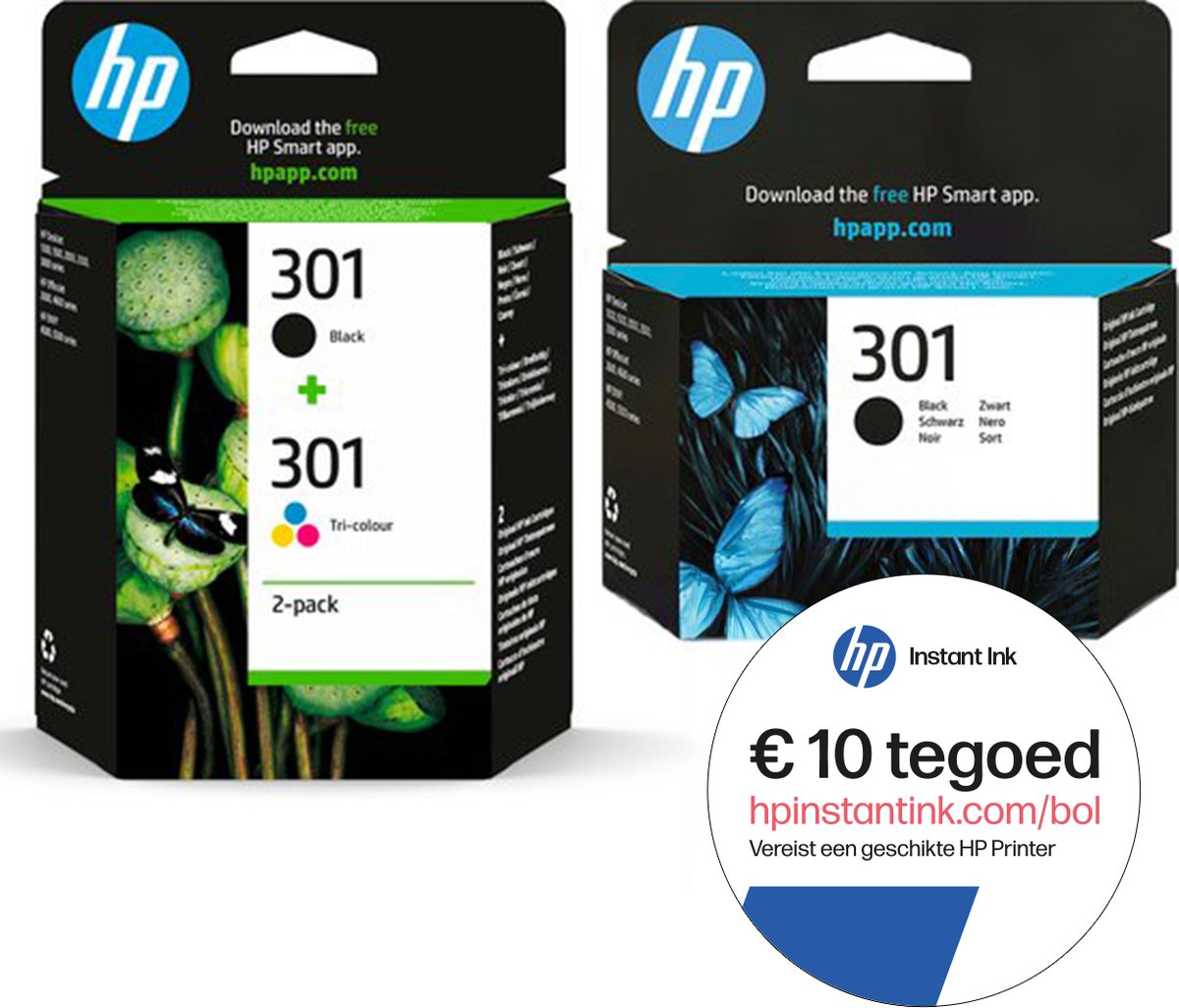 HP 301 - Inktcartridge kleur & 2x zwart (3-pack) + Instant Ink tegoed