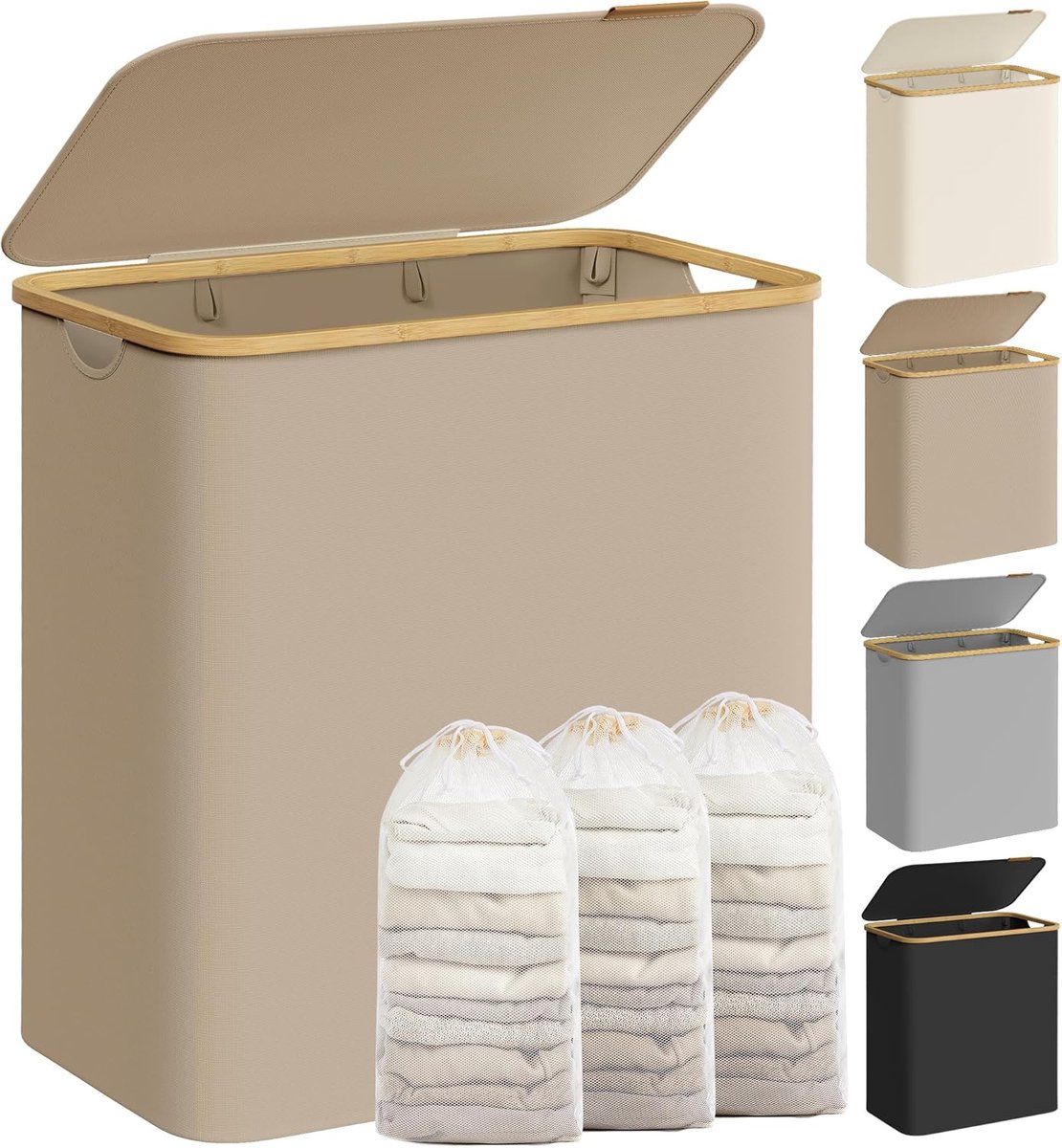 SONGMICS wasmand met deksel, grote wasmand met 3 secties, 150 L, verwijderbare gaasvoering, Oxford-stof, bamboehandgrepen, opvouwbaar, 60 x 38,5 x 70,5 cm, kameelbruin LCB515N02