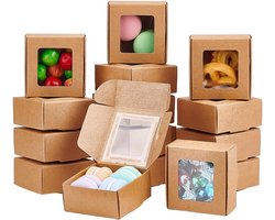 30 stuks - 6,5 x 6,5 x 3 cm - Cadeaudozen van kraftpapier - met transparant venster - Geschikt voor bedankjes voor bruiloften, bakken en sieraden, inpakken voor de feestdagen - Vierkant - Bruin