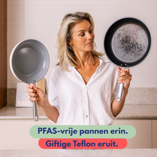 Vrouw met een schone grijze pan in haar linkerhand en een zwarte, gebruikte pan in haar rechterhand. Tekst: PFAS-vrije pannen erin. Giftige Teflon eruit.