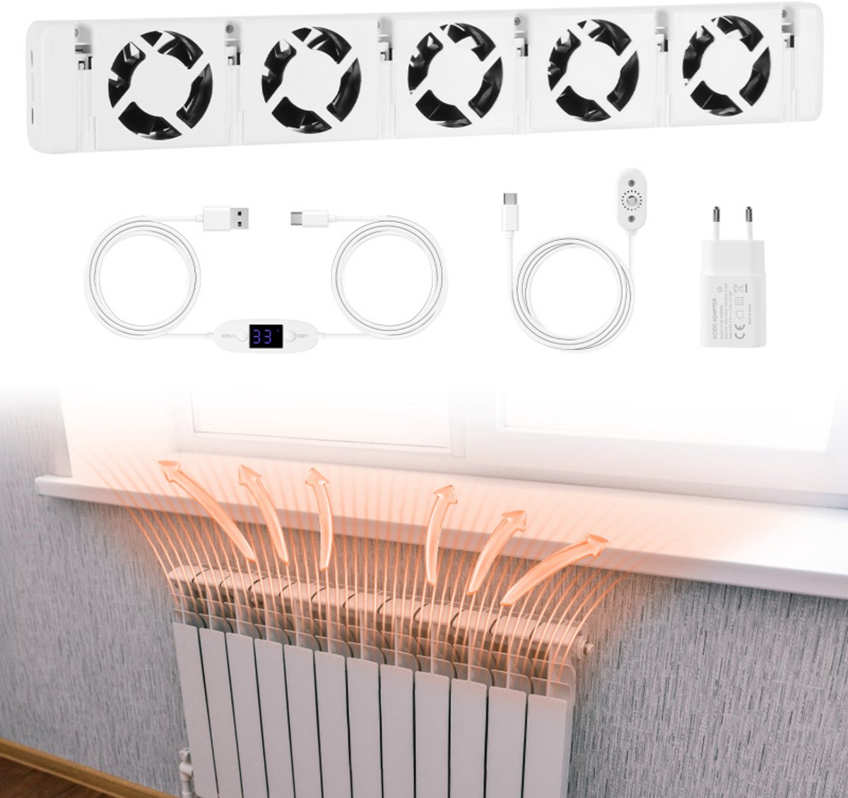 Radiator Ventilator Instelbare temperatuurinstelling - Energiezuinig - Past op elke radiator & Makkelijk te installeren - Energie besparen door betere Mono set 5 ventilatoren