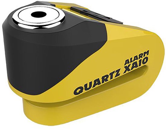 Gele Oxford schijfrem met zwarte behuizing en 'Alarm Quartz Xa10' tekst.