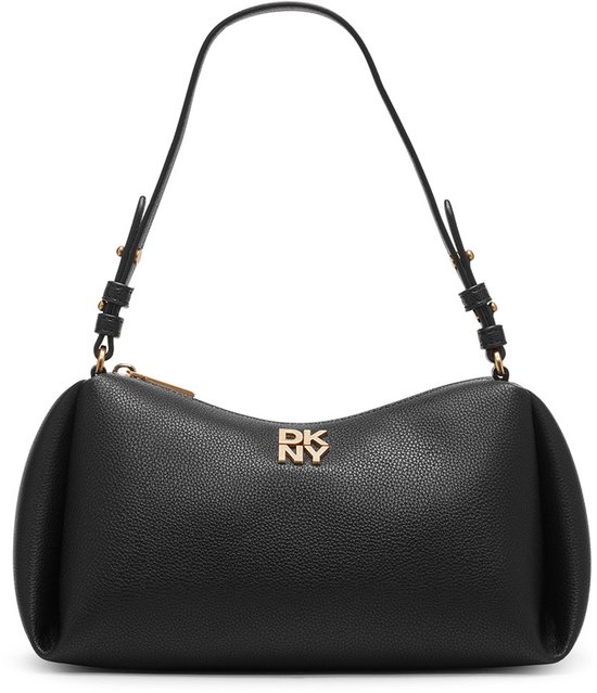 Zwarte DKNY schoudertas met gouden 'DKNY' logo op de voorkant en een enkele schouderband.
