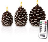 Meisterhome® LED Kaarsen Dennenappels – 3-delige Set – Echte wax - met Flikkerend Warm Wit Licht – Timer & Afstandsbediening – Batterij – Kerstdecoratie