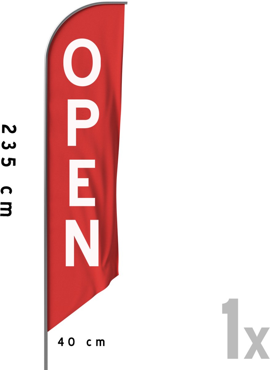 Beachflag/ vlag | "Open" | 40 x 235 cm | Rood | Met stok en opbergtas | Wij zijn open | Straat marketing | Opvallend | 1 stuk