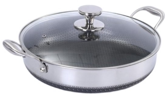 Casserole antiadhésive en acier inoxydable 316 avec Honeycomb d'abeille – Marmite à double poignée et couvercle en Verres – Compatible gaz et induction – 32 cm – Noorafshan (NA)