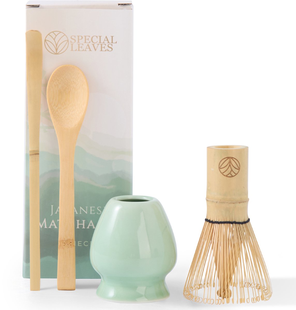 Special Leaves Matcha Set - Groen - 4-delige Matcha Thee Set - Matcha Klopper, Lepel, Scoop & Klopperhouder - Origineel Cadeau