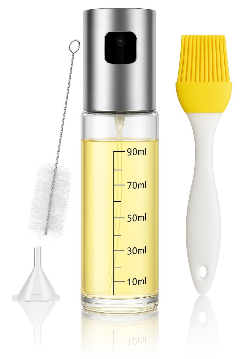 Darenci Oliesprayer RVS – 100ml Olieverstuiver & Oliespuit – Olijfolie Spray voor Koken, BBQ, Airfryer, Salades – Navulbare Oliespray Fles – Inclusief Trechter & Schoonmaakborstel