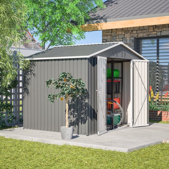 Abri de jardin en métal gris Pugsdrly 8 x 6 pi avec porte à charnière, anthracite - Idéal pour ranger les outils et équipements de jardin