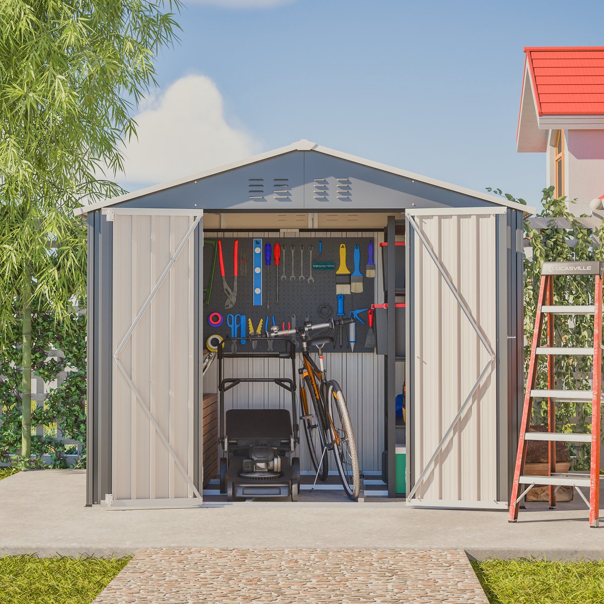 Pugsdrly Grijze metalen gereedschapsschuur 8x6FT met klapdeur, antracietkleurig - Ideaal voor het opbergen van tuingereedschap en gereedschap