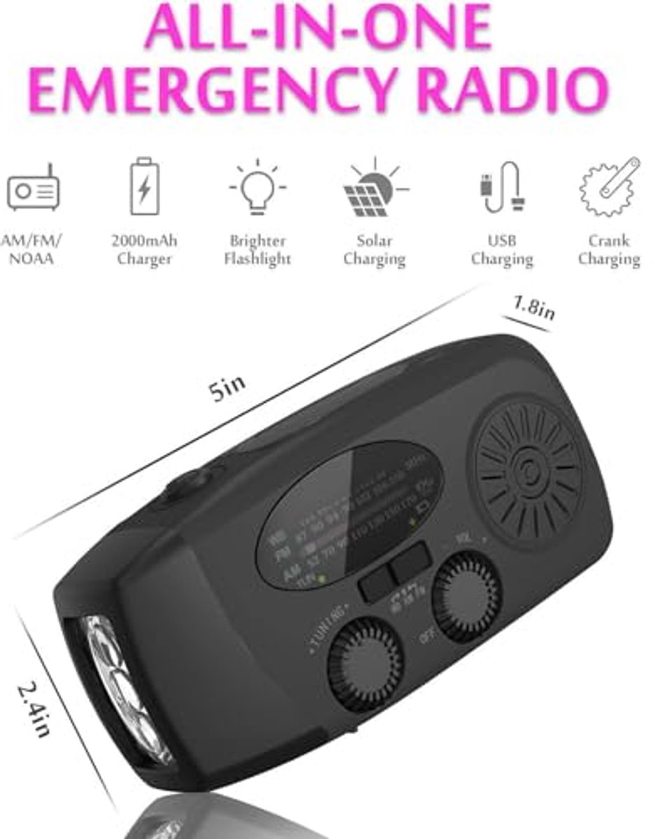 Solar Emergency Radio met Crankfunctie en USB-opladen voor Mobiele Telefoons - Geschikt voor Thuis en Kamperen