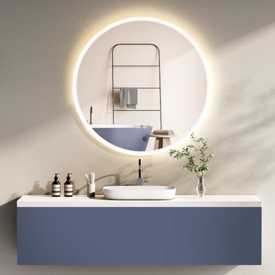 Furduzz Led-badkamerspiegel, rond, met verlichting, 700 mm, touch-sensor, dimbaar, 3 kleuren, anti-condens, intelligente geheugenfunctie