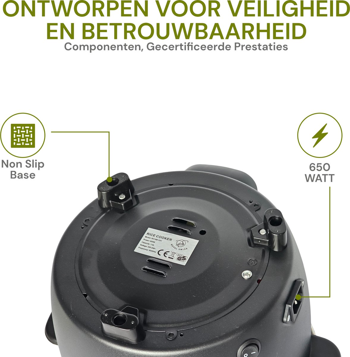 Royal Swiss® Rijstkoker – 1.8L – 650W – Glazen Deksel – Anti-aanbak Binnenpan – Inclusief Rijstlepel & Maatbeker thumbnail 5